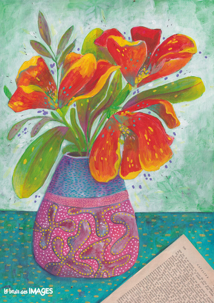 Bouquet de fleurs catalina, peinture et crayon aquarellable sur papier A3