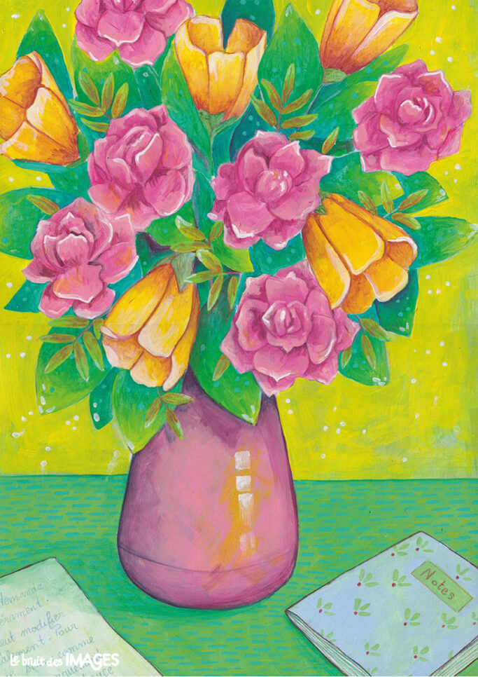 Bouquet de fleurs, peinture et crayon aquarellable sur papier A3