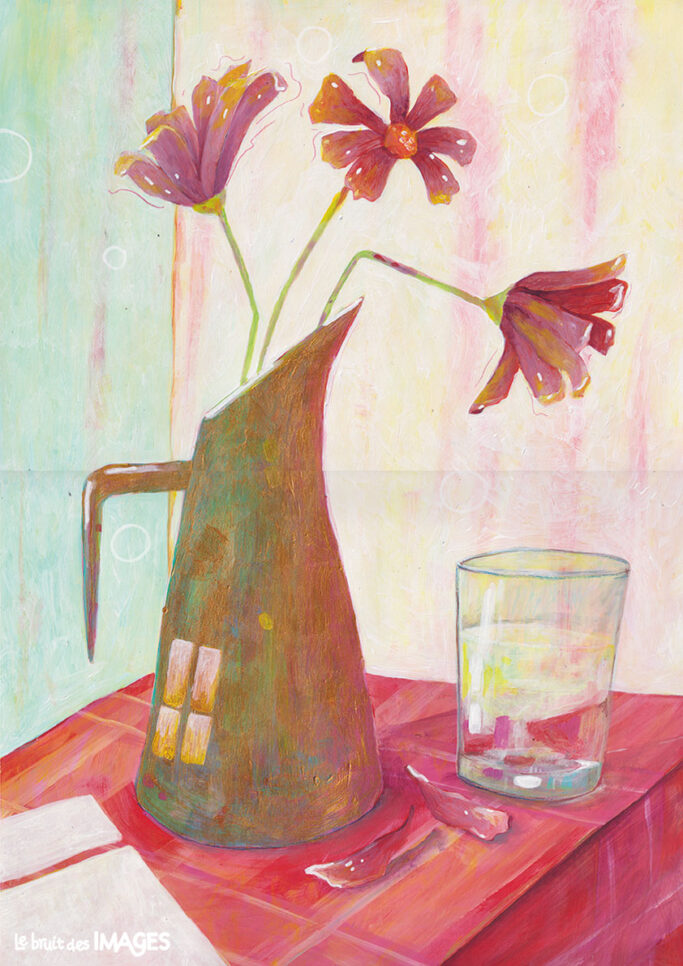 Bouquet de fleurs, peinture et crayon aquarellable sur papier A3