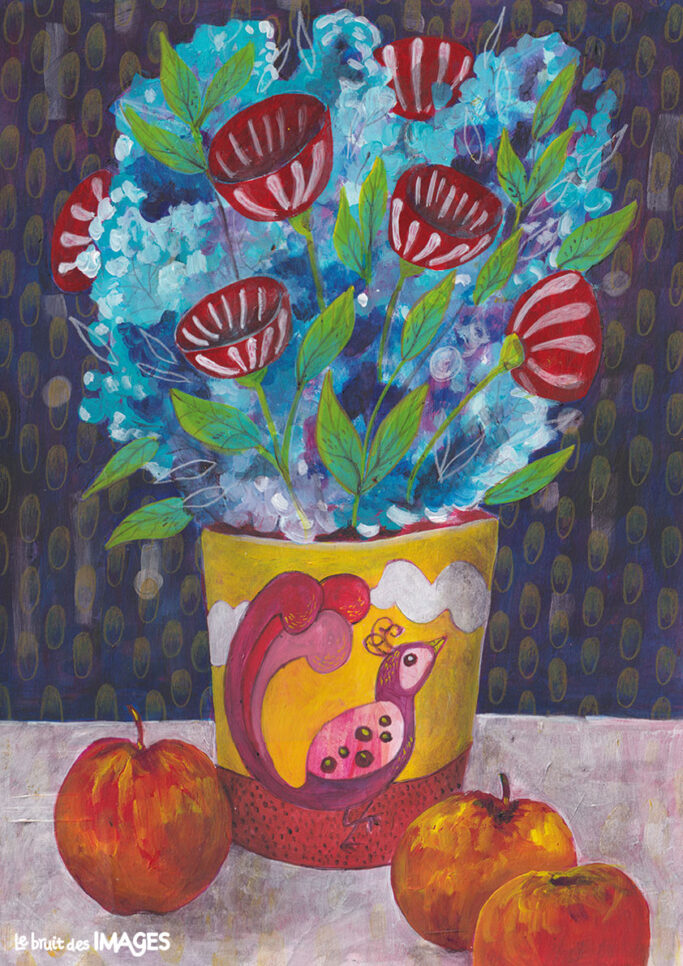 Bouquet de fleurs aux pommes, peinture et crayon aquarellable sur papier A3