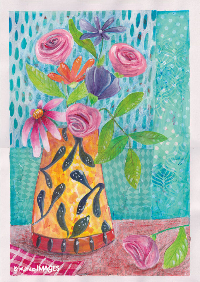 Bouquet de fleurs, peinture, collages et crayon aquarellable sur papier A3