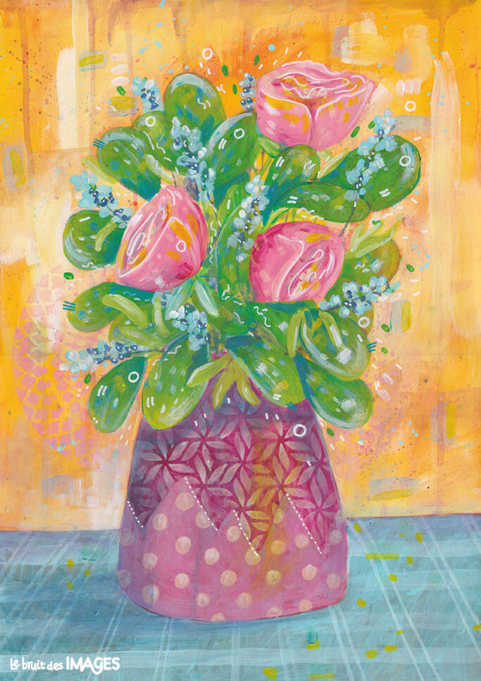 Bouquet de fleurs aux roses, peinture et crayon aquarellable sur papier A3
