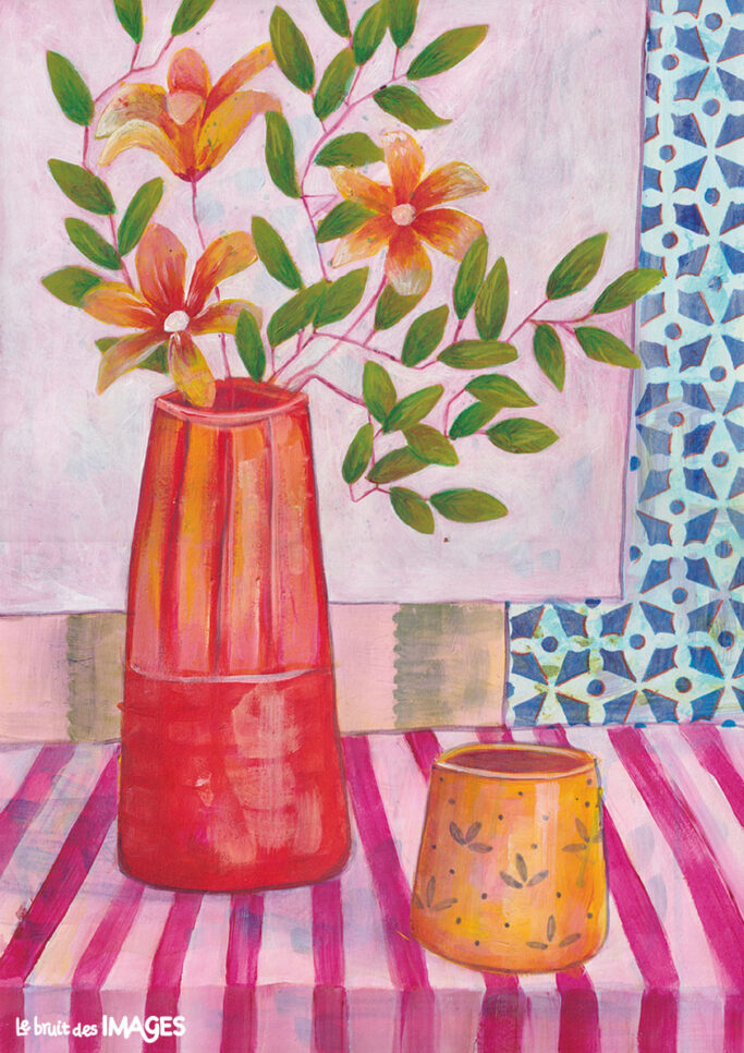 Bouquet de fleurs à la tasse, peinture et crayon aquarellable sur papier A3
