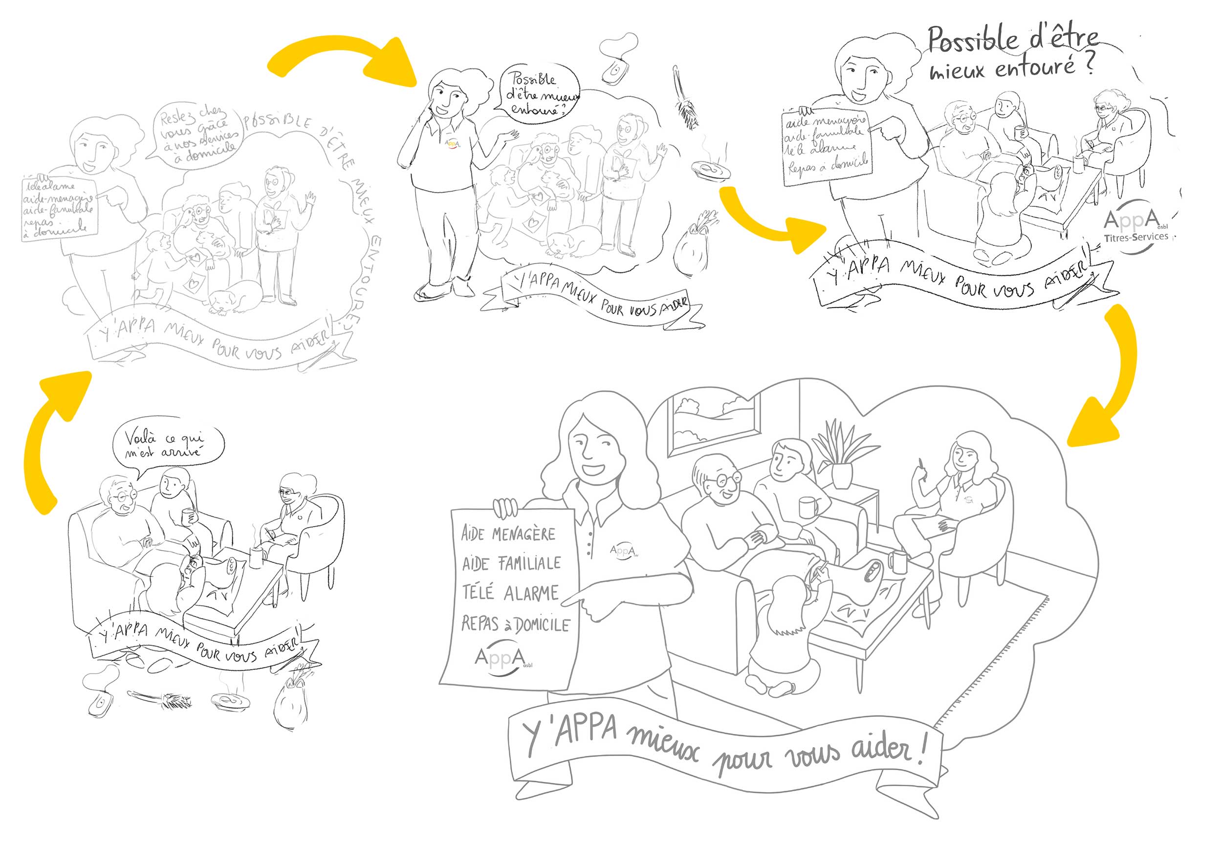 Plusieurs croquis qui montre l'avancement d'une illustration pour une identité visuelle illustrée