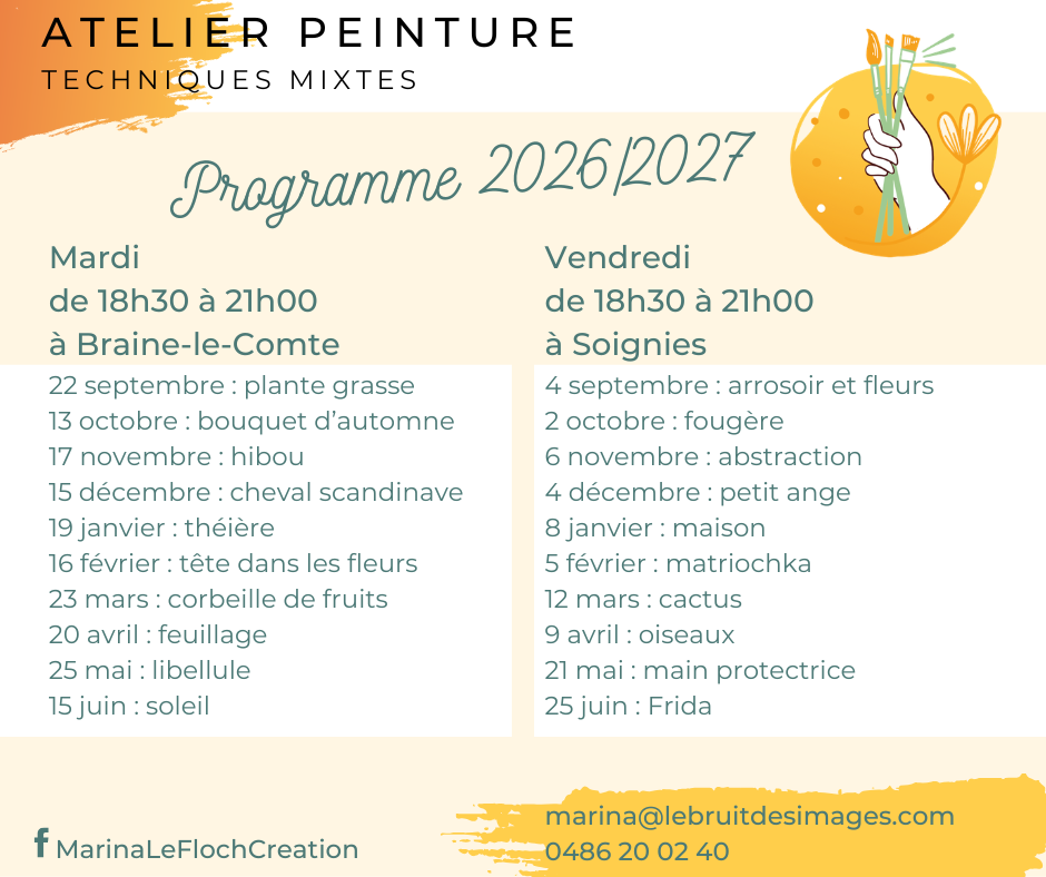 atelier cours de peinture programme 2026 2027 à Soignies et à Braine-le-Comte - Hainaut