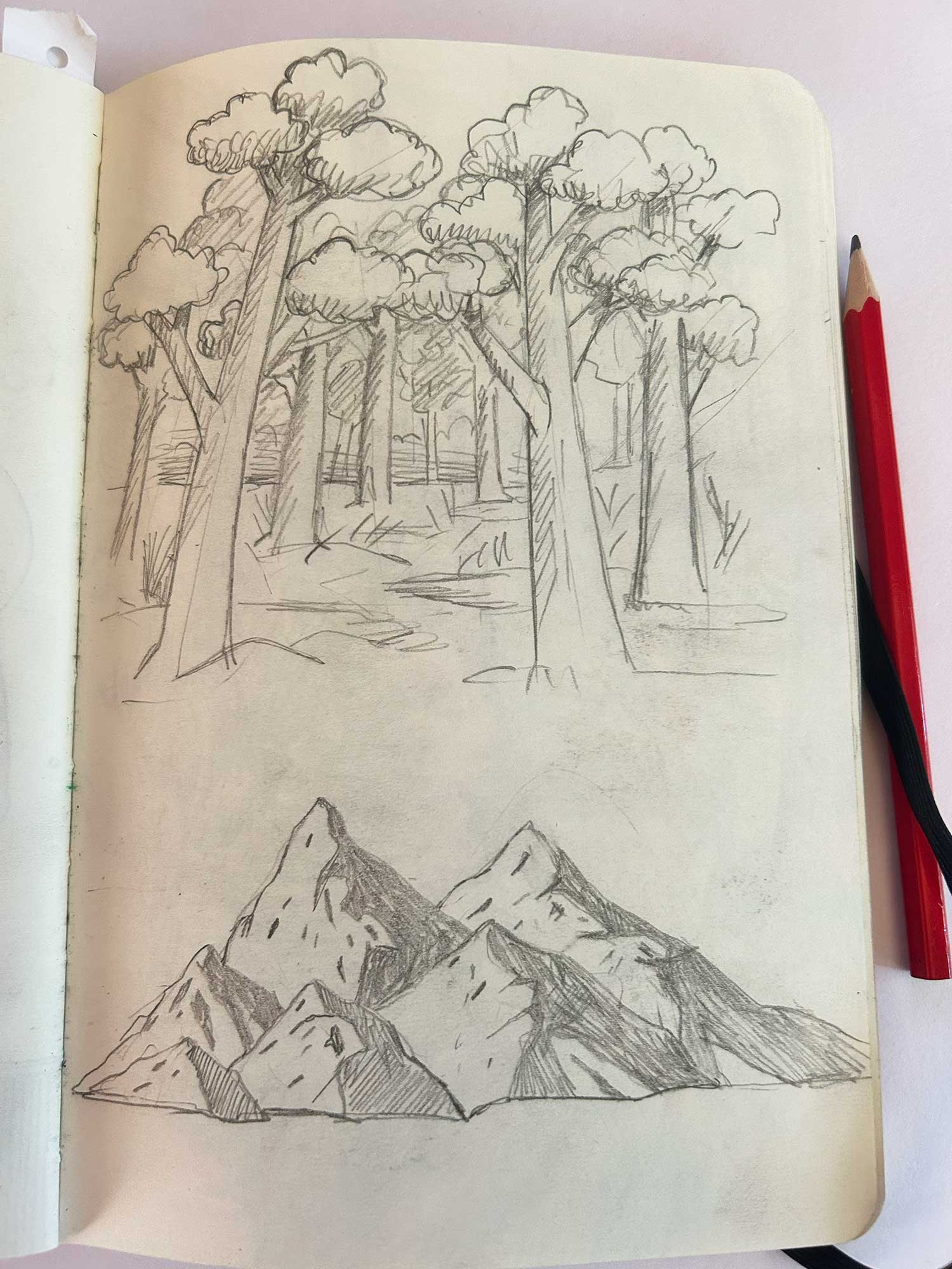 Cours de dessin pour adultes  Soignies, dessin d'une forêt et d'un paysage de montagne