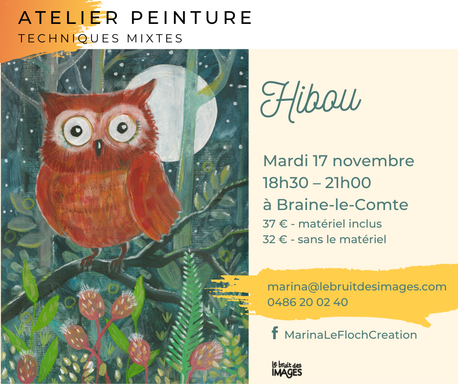 Atelier peinture à Braine-le-Comte, peindre un hibou dans la nuit